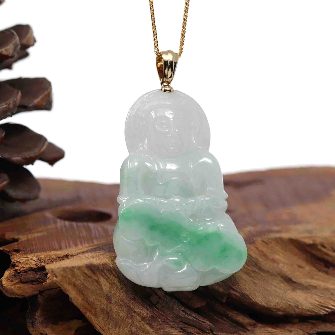 Baikalla Jewelry Jade Guanyin Pendant Necklace Goddess of Compassion" 14k Yellow Gold Genuine Burmese Jadeite Jade Guanyin Necklace With Good Luck Design