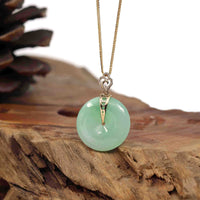 Baikalla Jewelry Gold Jadeite Jade Pendant Necklace "Good Luck Button" Green Jadeite Jade Lucky KouKou Pendant With 14K Yellow Gold Diamond Bail
