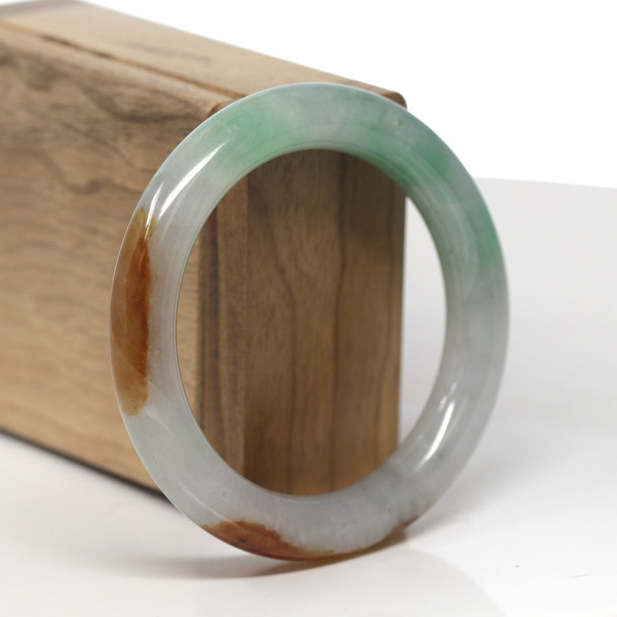 Baikalla Icy Apple-Green & White W/ Yellow-Brown Patches "Traditional Round" Jadeite Jade Bangle Bracelet (54.3mm) GIA #5232544826 #TT206
