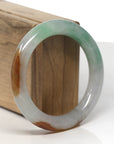 Baikalla Icy Apple-Green & White W/ Yellow-Brown Patches "Traditional Round" Jadeite Jade Bangle Bracelet (54.3mm) 
