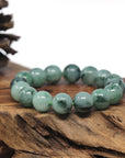 Baikalla Blue-Green Flower Genuine Jadeite Jade Large Round Bead Bracelet (13mm)