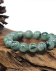 Baikalla Blue-Green Flower Genuine Jadeite Jade Large Round Bead Bracelet (13mm)