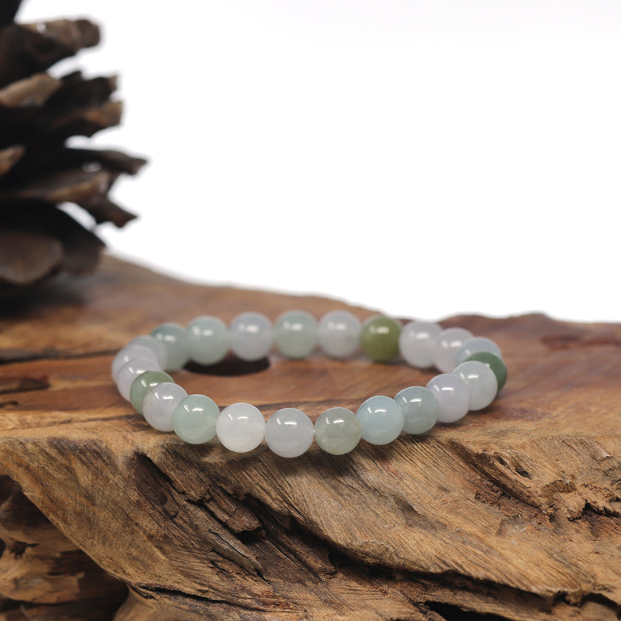 Baikalla Icy White & Green Genuine Jadeite Jade Round Bead Bracelet (8mm)