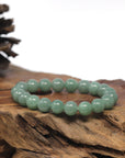 Baikalla Natural Green Genuine Jadeite Jade Round Bead Bracelet (9mm)