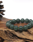 Baikalla Oil-Green Genuine Jadeite Jade Large Round Bead Bracelet (12mm)