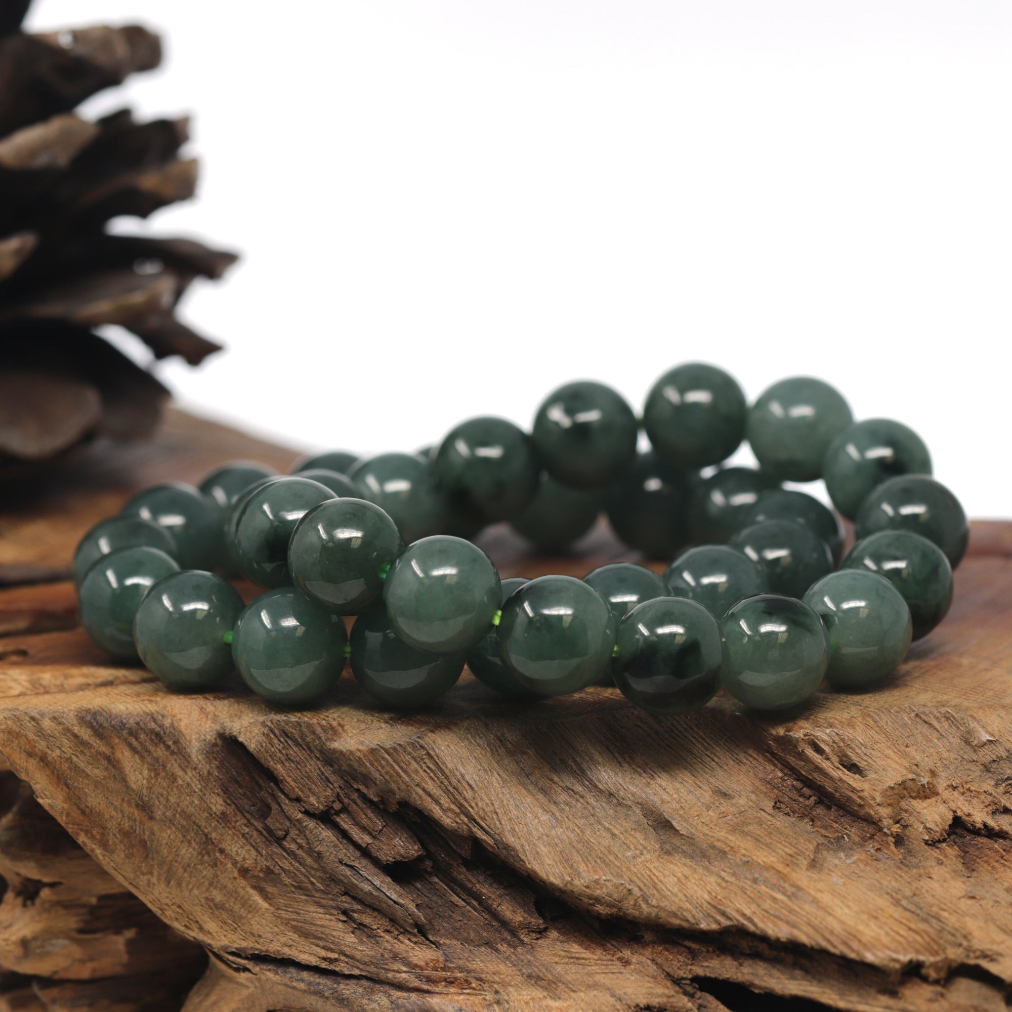 Baikalla Oil-Green Genuine Jadeite Jade Large Round Bead Bracelet (12mm)