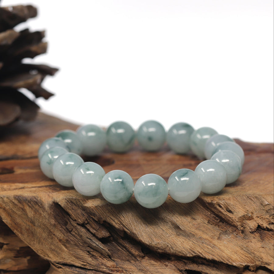 Baikalla Light Blue-Green Flower Genuine Jadeite Jade Large Round Bead Bracelet (12.5mm)