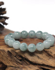 Baikalla Light Blue-Green Flower Genuine Jadeite Jade Large Round Bead Bracelet (12.5mm)