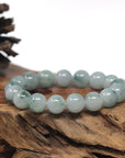 Baikalla Light Blue-Green Flower Genuine Jadeite Jade Large Round Bead Bracelet (12.5mm)