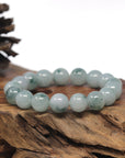 Baikalla Light Blue-Green Flower Genuine Jadeite Jade Large Round Bead Bracelet (12.5mm)