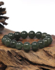 Baikalla Forest-Green Nephrite Jade Large Round Bead Bracelet (12.1mm)