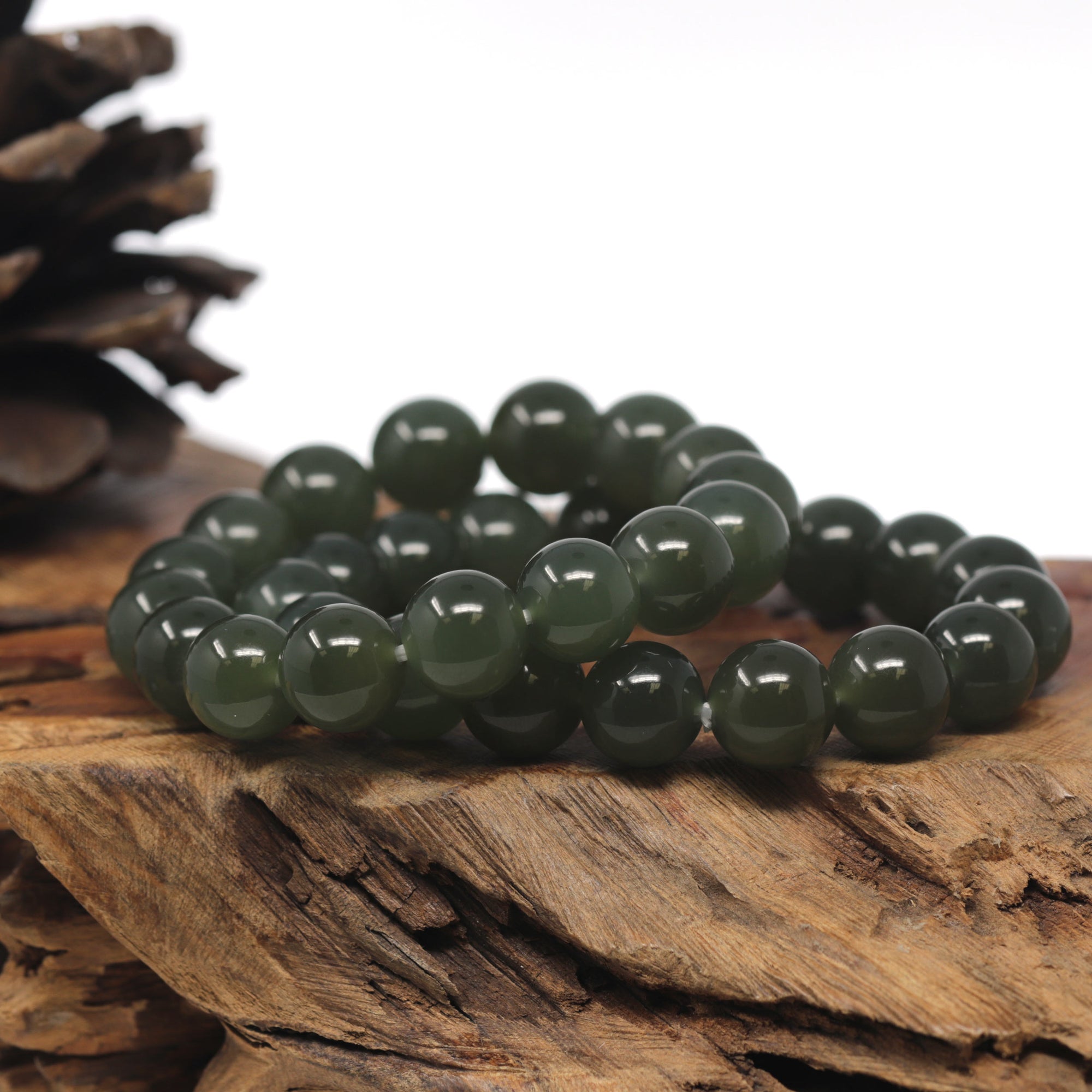 Baikalla Forest-Green Nephrite Jade Large Round Bead Bracelet (12.1mm)