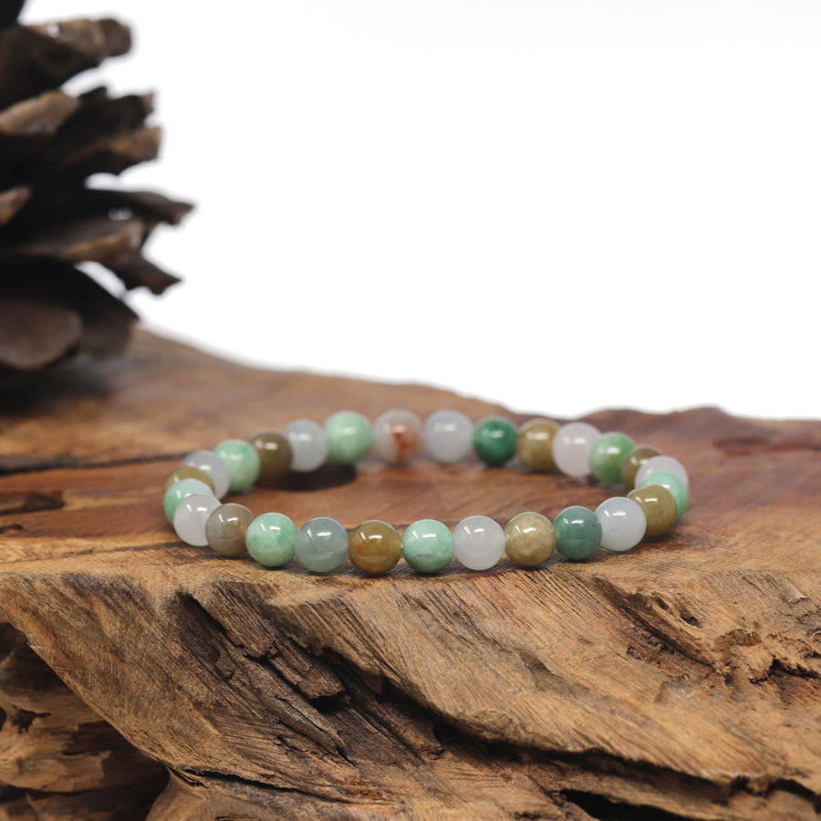 Baikalla Multi-Color Genuine Jadeite Jade Round Bead Bracelet (6.7mm)