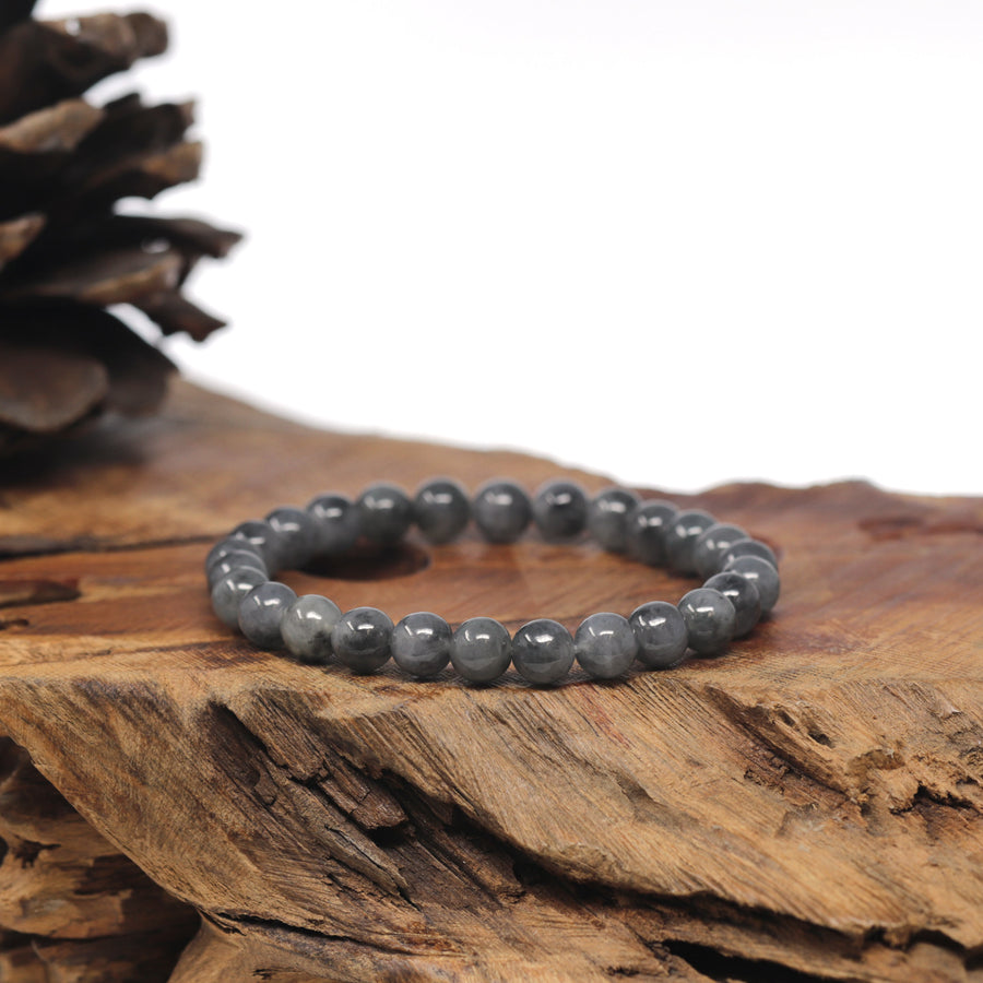 Baikalla Black & Grey Wuji Genuine Jadeite Jade Round Bead Bracelet (6.5mm)