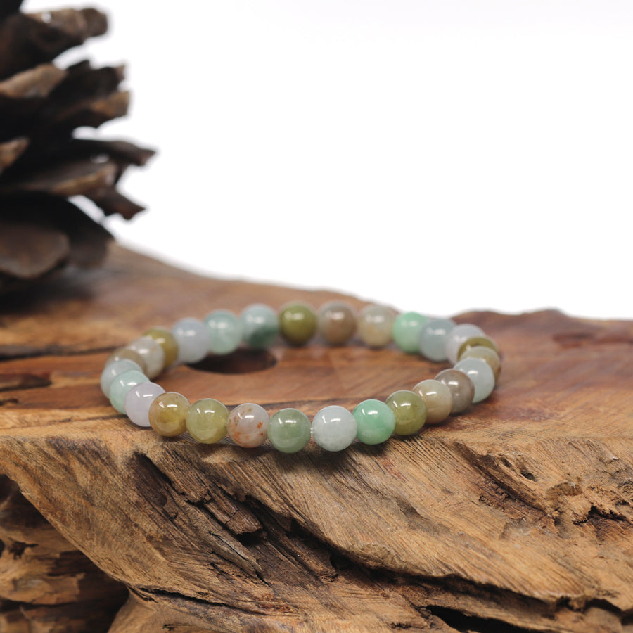 Baikalla Round Multi-Color Genuine Jadeite Jade Bead Bracelet (7mm)
