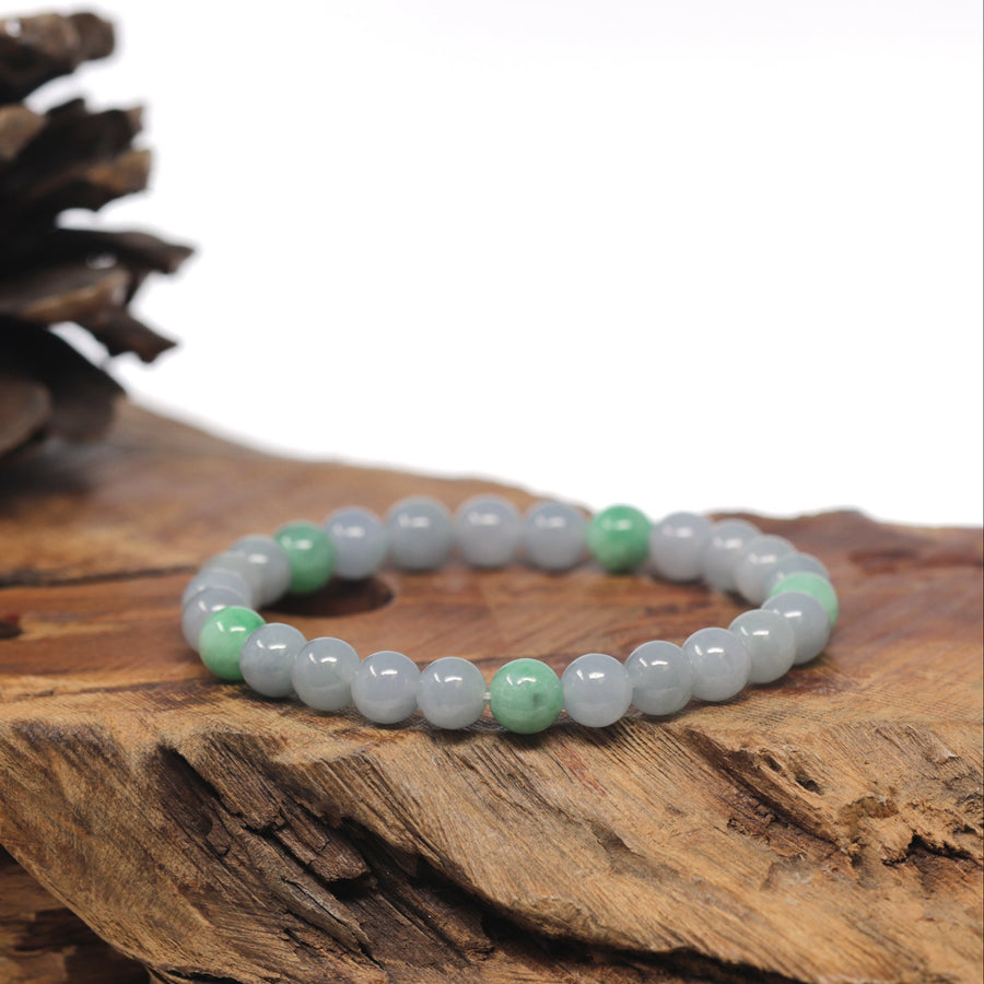 Baikalla Grey-Lavender & Apple-Green Genuine Jadeite Jade Round Bead Bracelet (7.3mm)