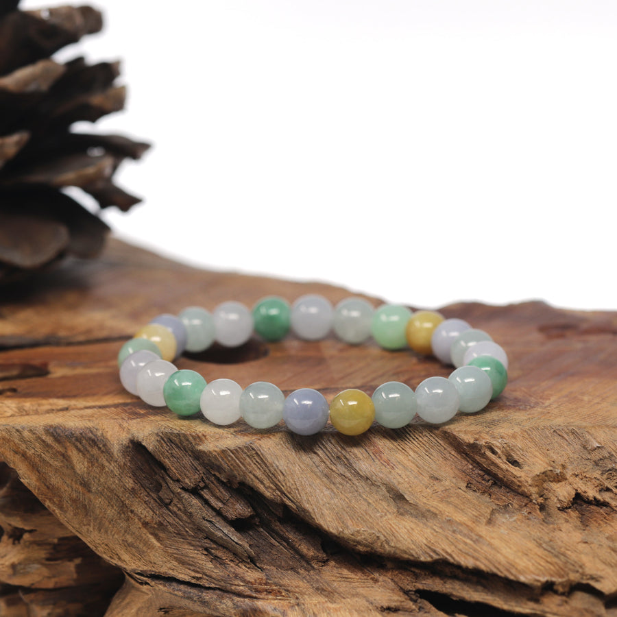 Baikalla Multi-Color Genuine Jadeite Jade Round Bead Bracelet (7.5mm)
