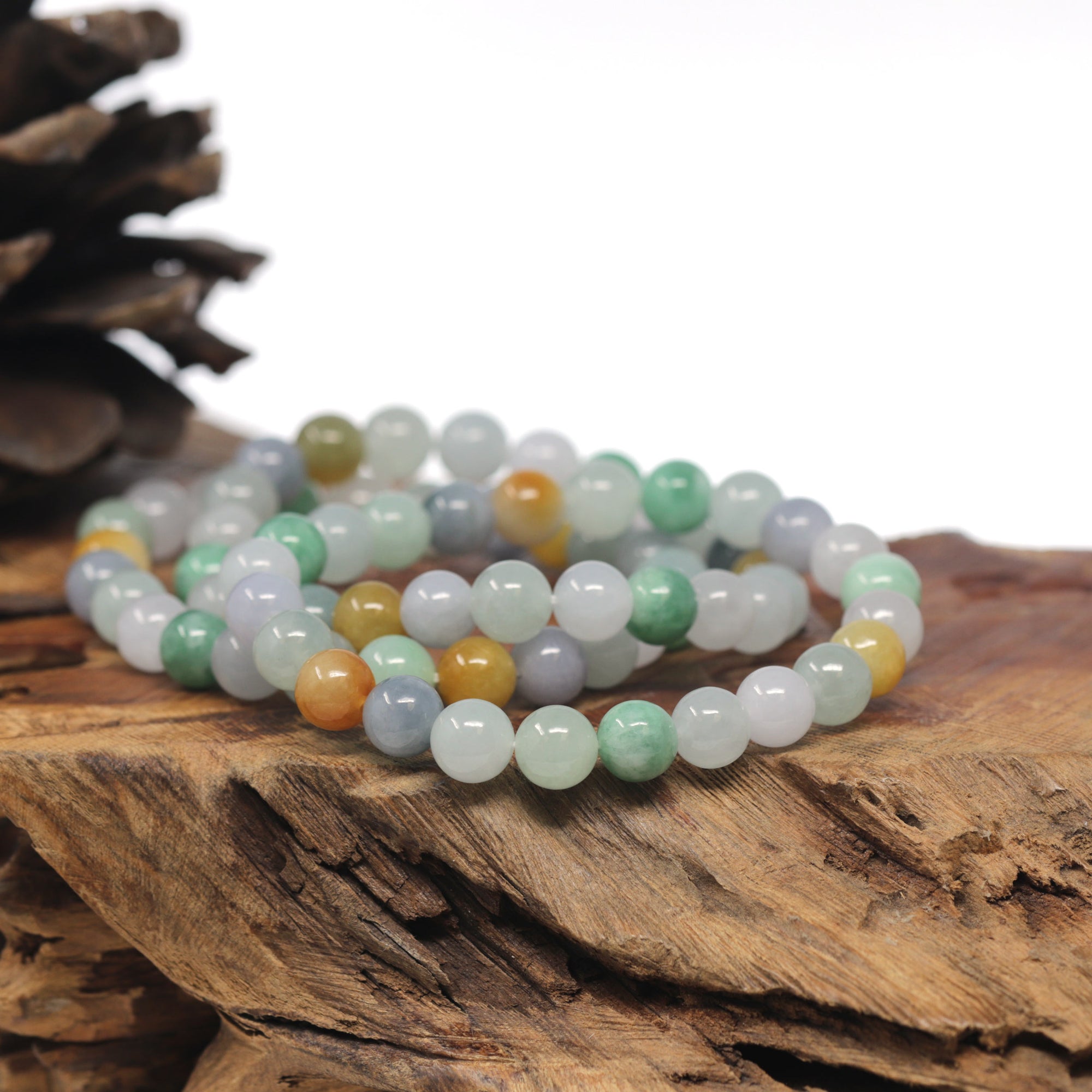 Baikalla Multi-Color Genuine Jadeite Jade Round Bead Bracelet (7.5mm)