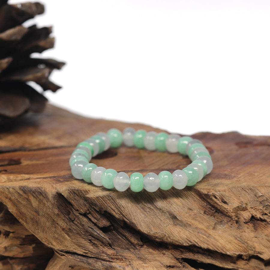 Baikalla Icy White & Green Genuine Jadeite Jade Round Bead Bracelet (7mm)
