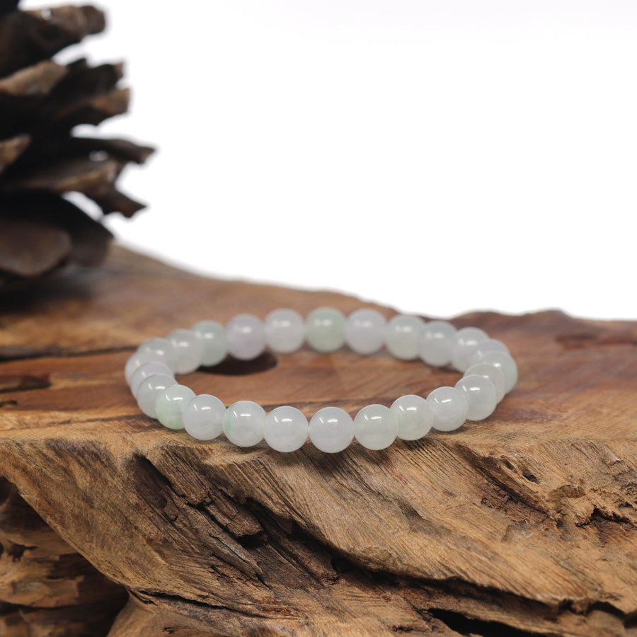 Baikalla Icy White & Light Green Genuine Jadeite Jade Round Bead Bracelet (7.3mm)