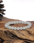 Baikalla Icy White & Light Green Genuine Jadeite Jade Round Bead Bracelet (7.3mm)