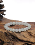 Baikalla Icy White & Light Green Genuine Jadeite Jade Round Bead Bracelet (7.3mm)