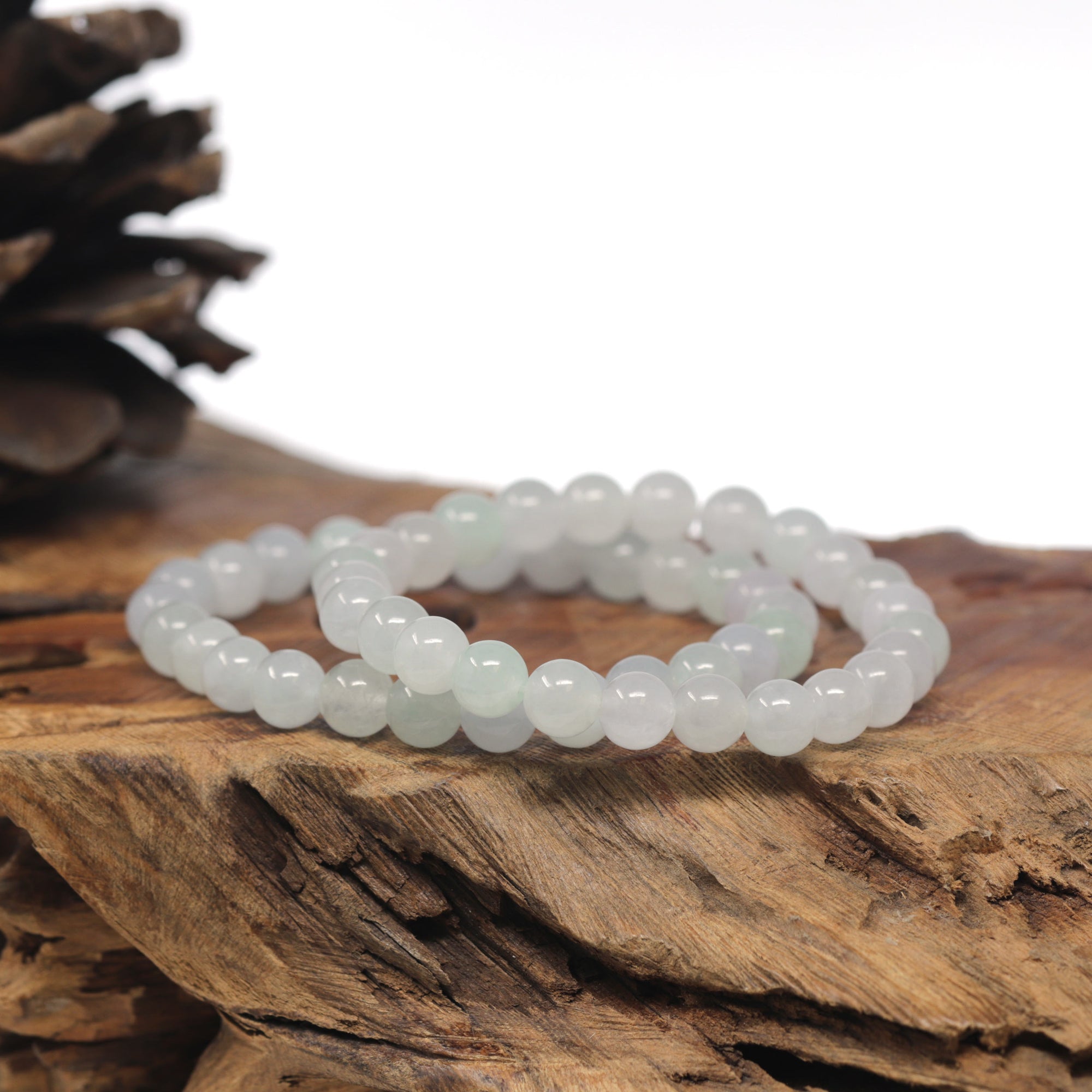 Baikalla Icy White &amp; Light Green Genuine Jadeite Jade Round Bead Bracelet (7.3mm)