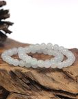 Baikalla Icy White & Light Green Genuine Jadeite Jade Round Bead Bracelet (7.3mm)