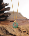 Baikalla Icy Green "Ping An Kou" Jadeite Jade Pendant W/ 18K Yellow Gold Bail & Imperial Jade