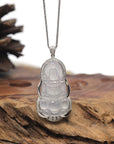 Baikalla Icy White Guan Yin "Goddess of Compassion" Jadeite Jade Pendant W/ 18K White Gold Bail & Diamonds