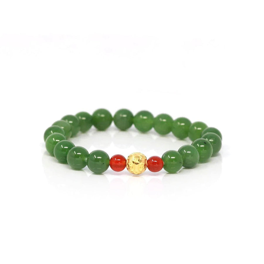 Baikalla Jewelry jade beads bracelet 24K Pure Yellow Gold Money Bead With Genuine Green Jade Round Beads Bracelet Bangle ( 8 mm )