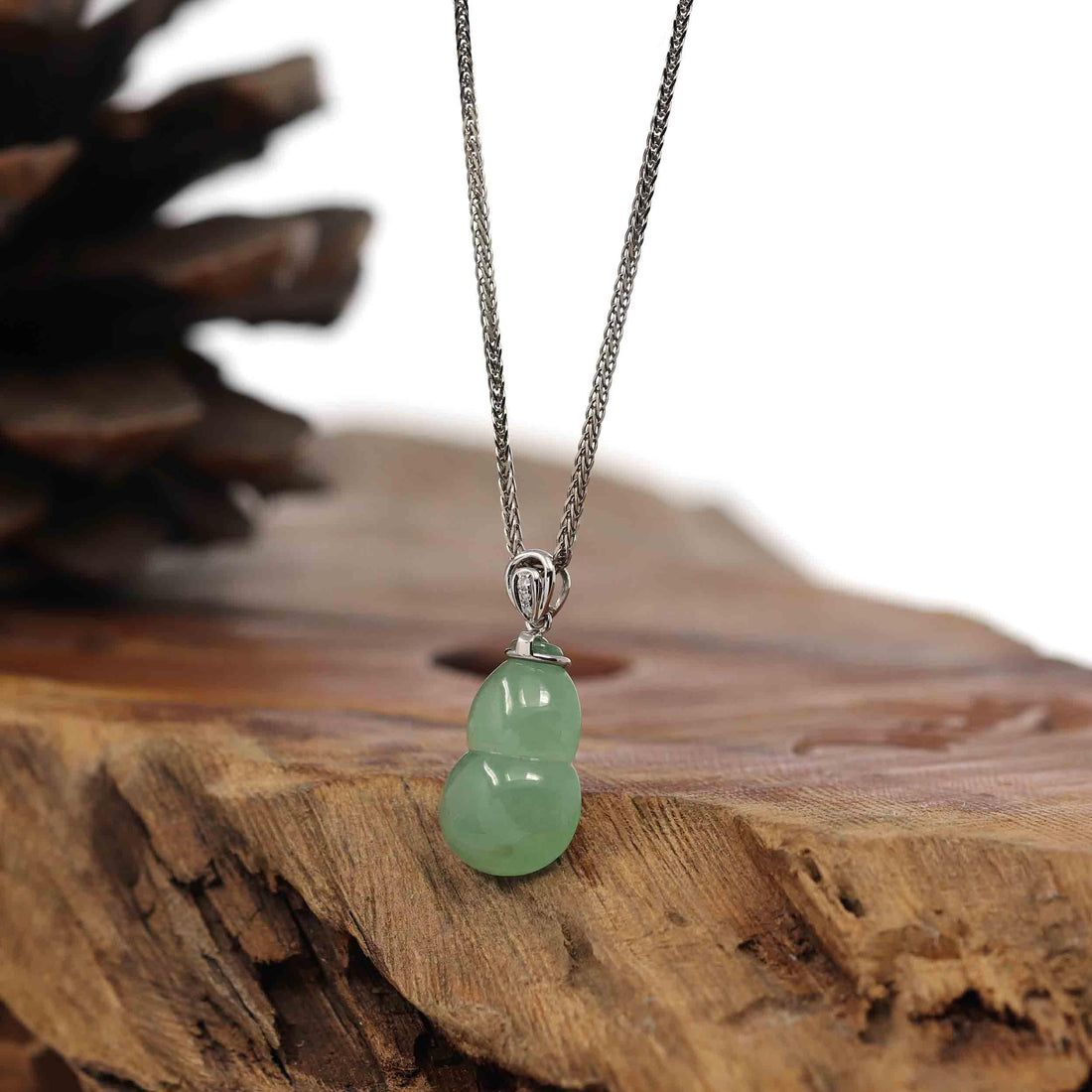 Baikalla Jewelry Jade Pendant Natural Green Jadeite Jade "Magic Bottle Gourd" Hulu Necklace With 14k White Gold Diamond Bail