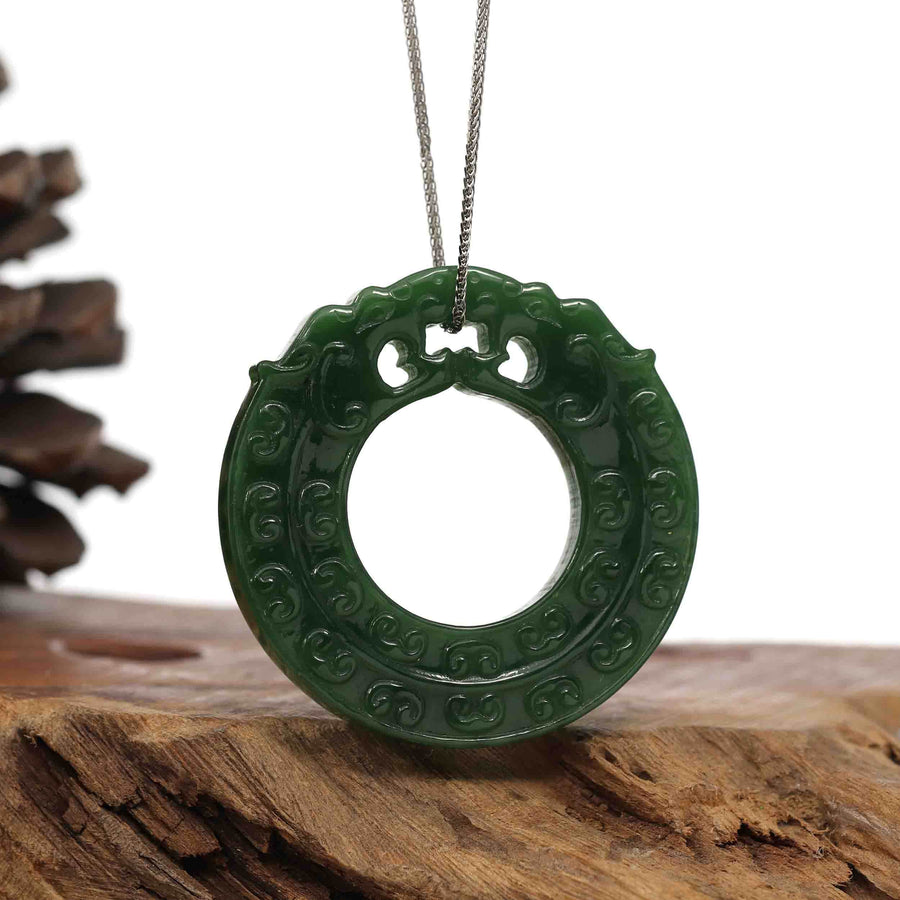 Baikalla Jewelry Jade Pendant Necklace Baikalla™ " Double Dragon Good Fortune" Carving Pendant Necklace Natural Nephrite Jade