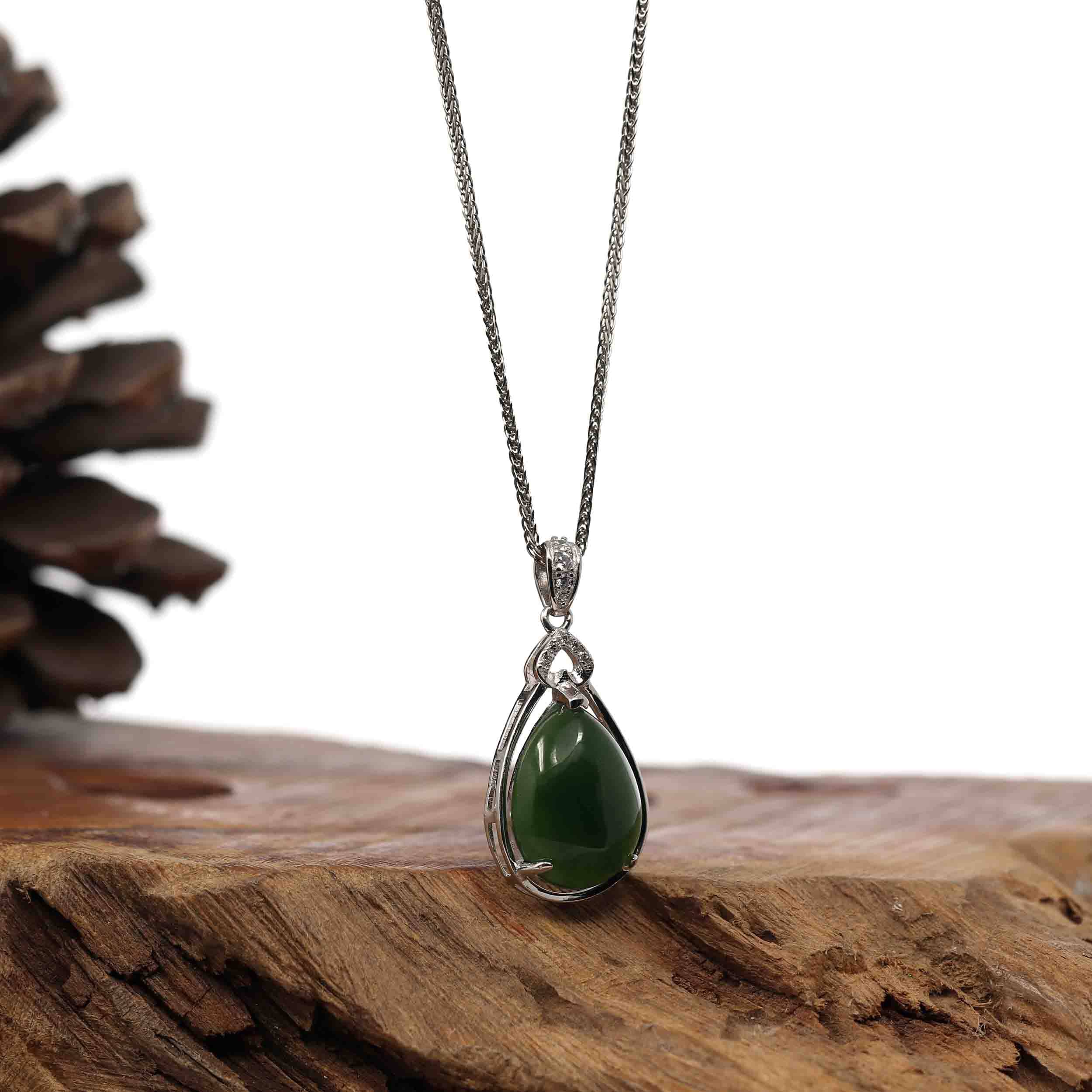 Green Nephrite Jade Tear Drop Pendant Necklace | Real Jade Jewelry