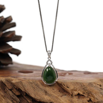 Baikalla Jewelry Nephrite Jade Necklace Genuine Green Nephrite Jade Tear Drop Pendant Necklace With CZ