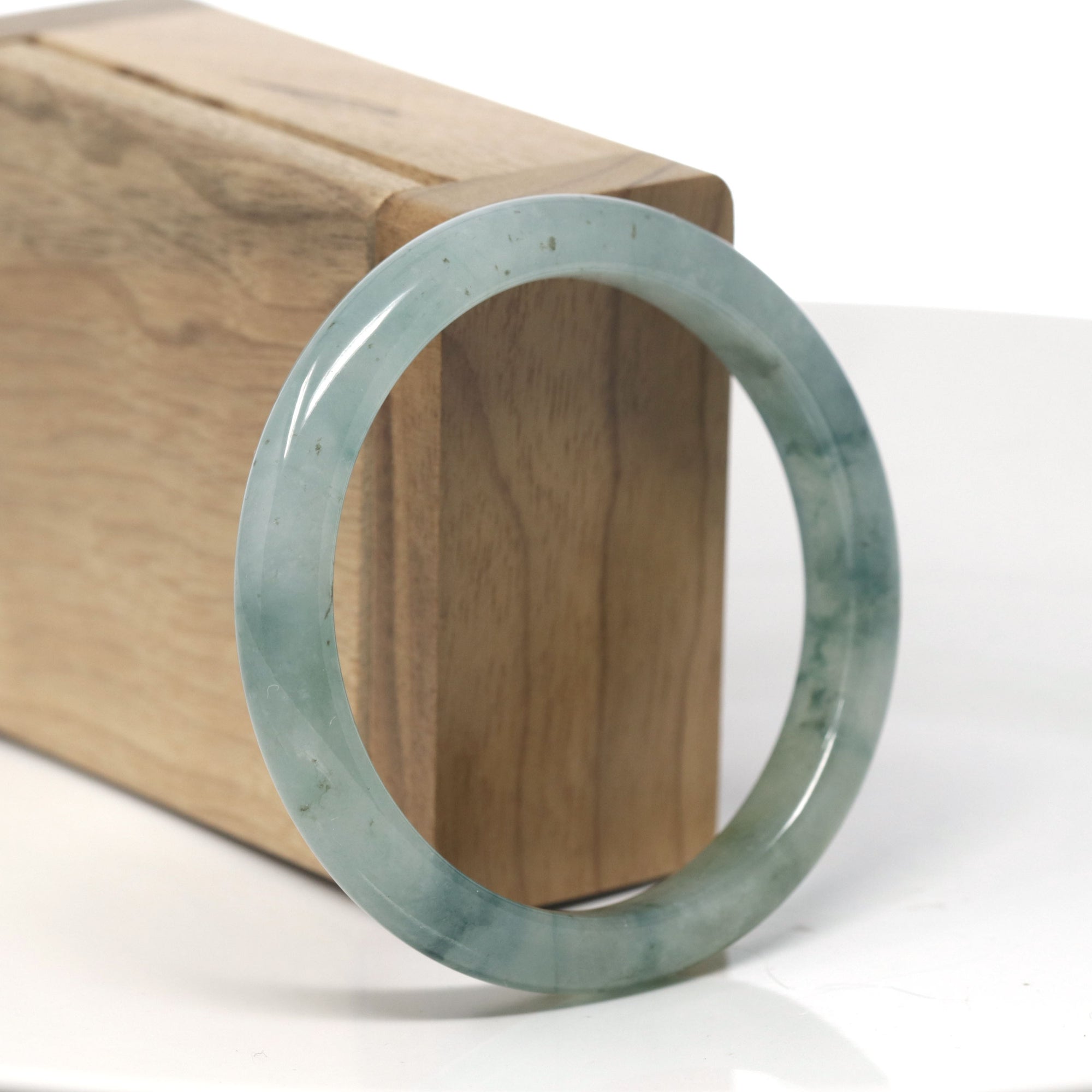 Baikalla Icy Green W/ Blue-Green Flowers Jadeite Jade &quot;Half Round&quot; Bangle Bracelet (56.5mm) 