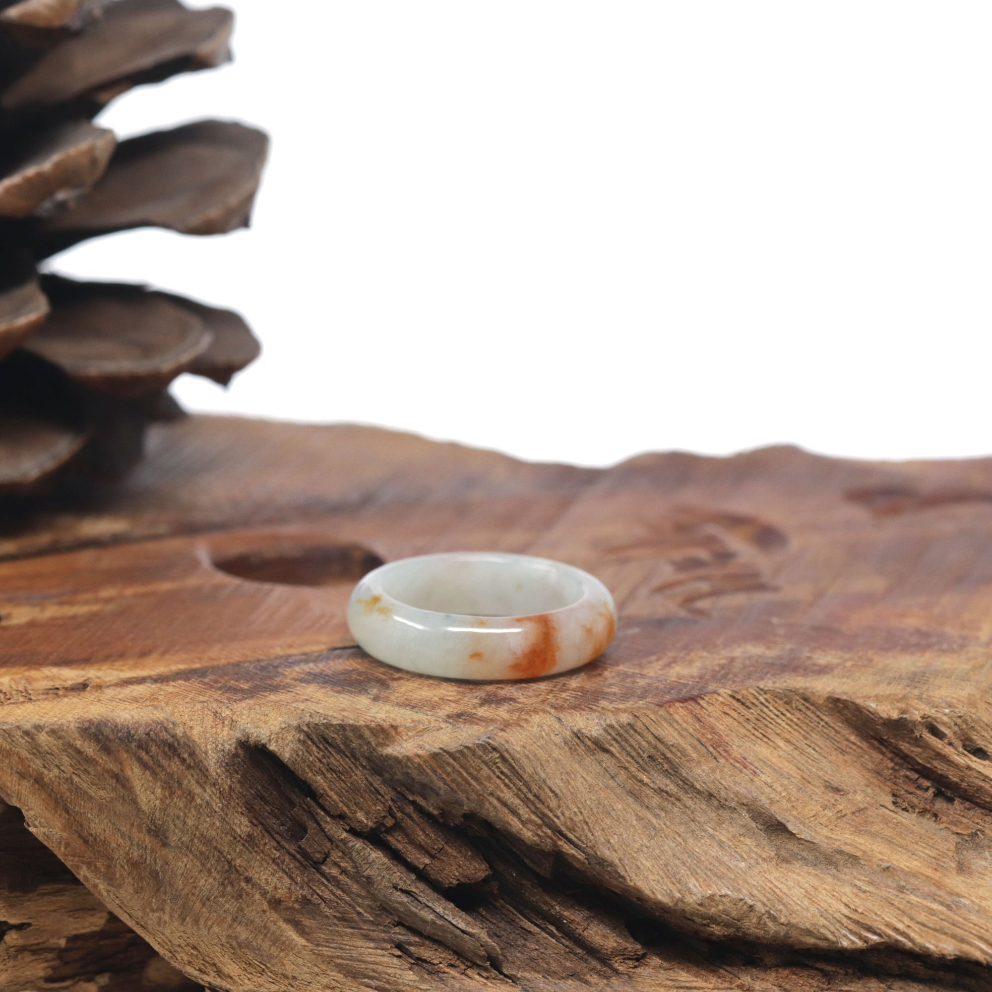 Baikalla Icy White-Green &amp; Orange Sajin Burmese Jadeite Jade Traditional Ring 