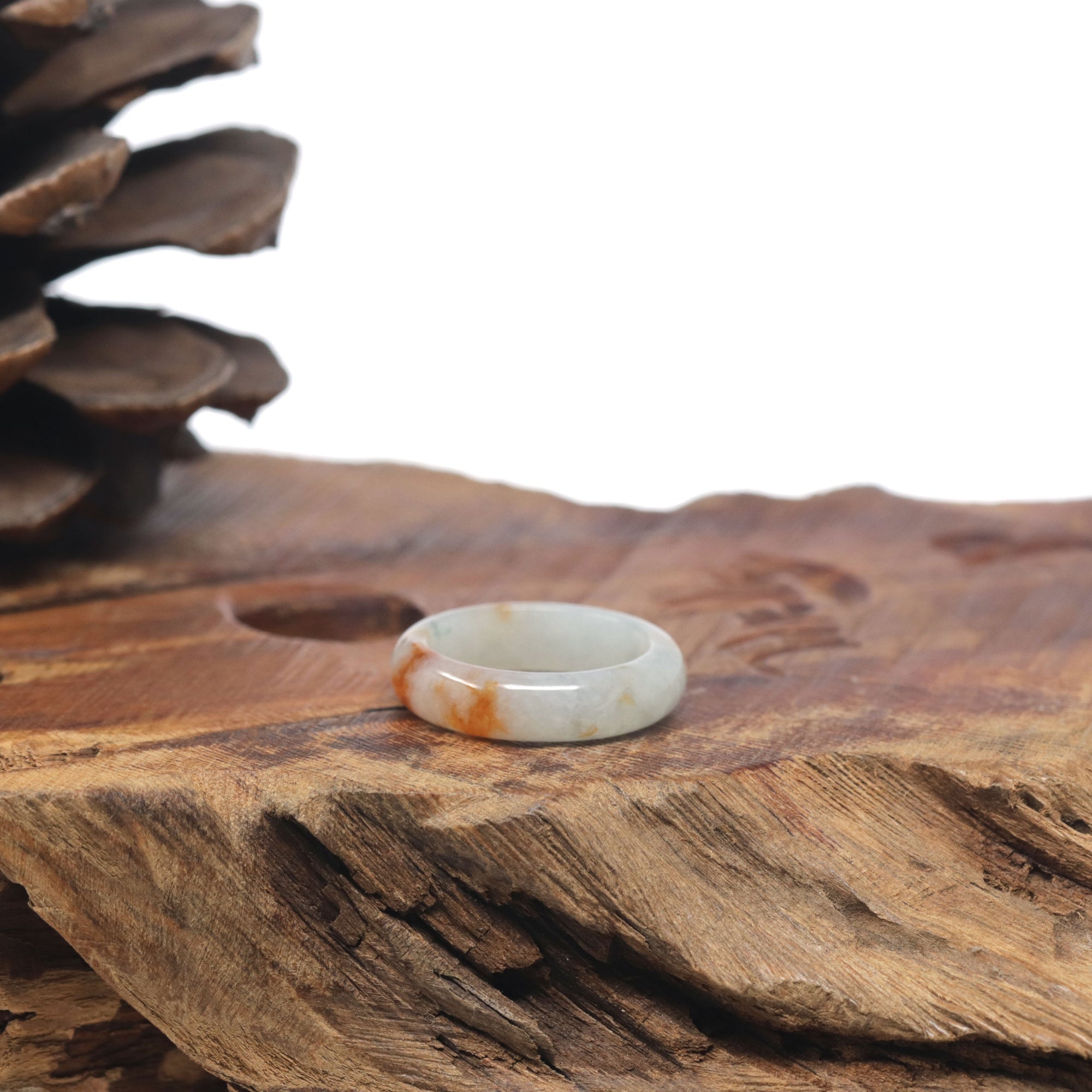 Baikalla Icy White-Green &amp; Orange Sajin Burmese Jadeite Jade Traditional Ring 