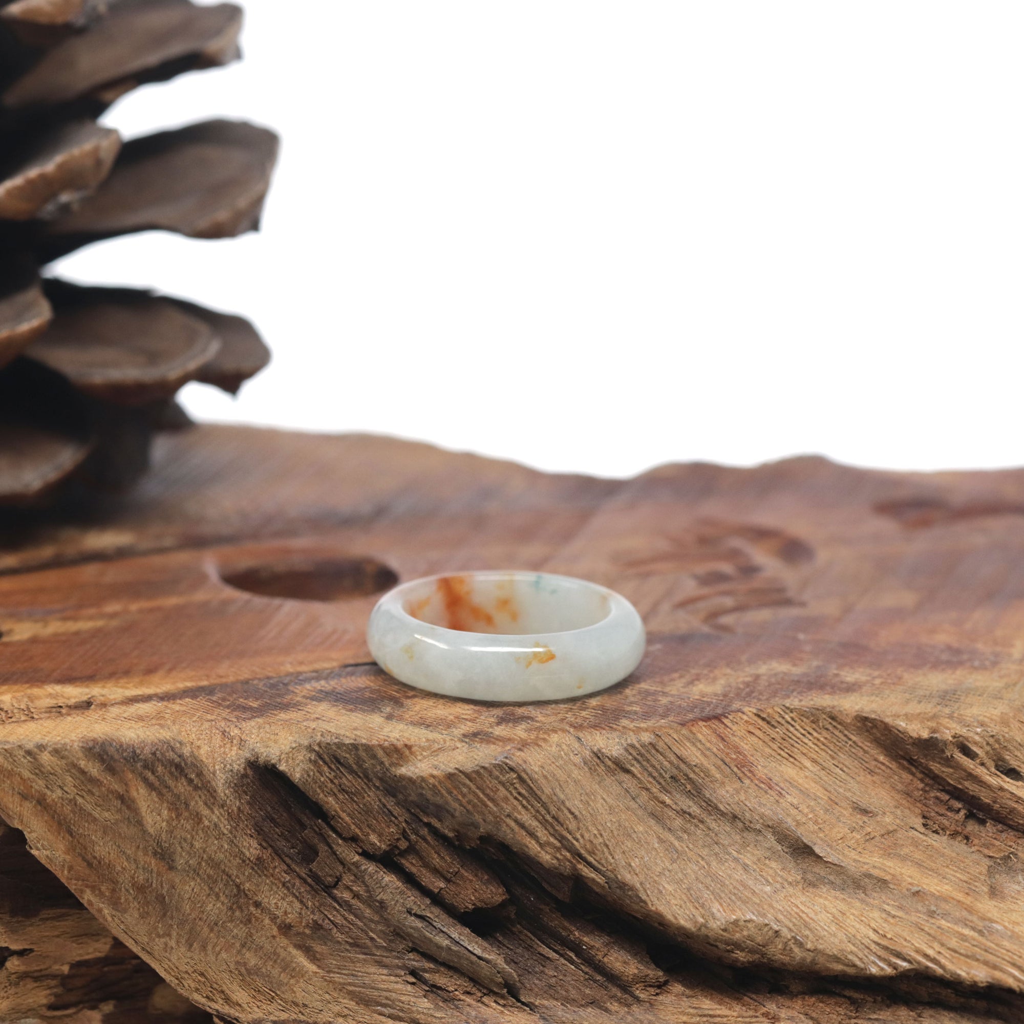 Baikalla Icy White-Green &amp; Orange Sajin Burmese Jadeite Jade Traditional Ring 