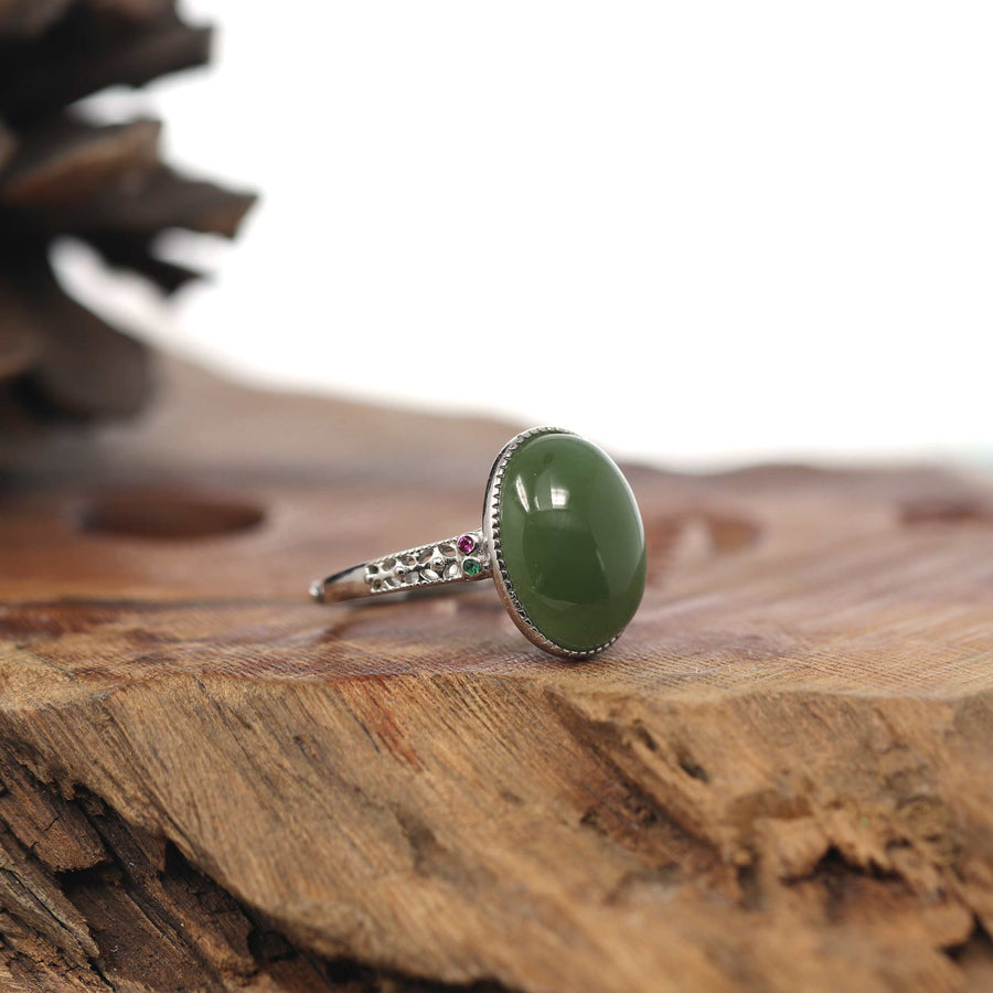 Baikalla Jewelry Jade Ring Baikalla "Classic Oval With Accents" Sterling Silver Natural Green Nephrite Jade Adjustable Ring For Her