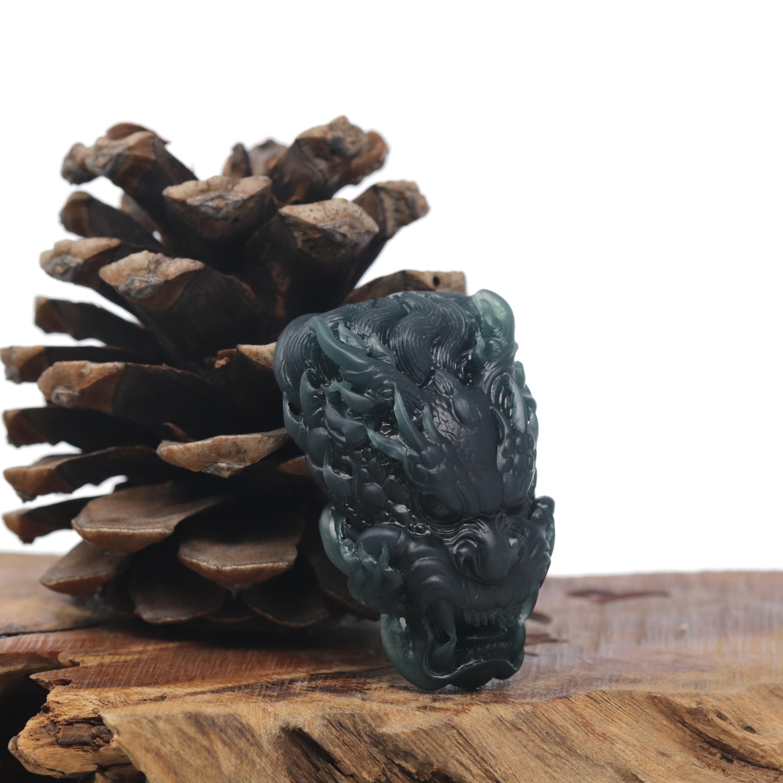 Baikalla Natural Guatemalan Deep Blue-Green Jade Dragon Carving