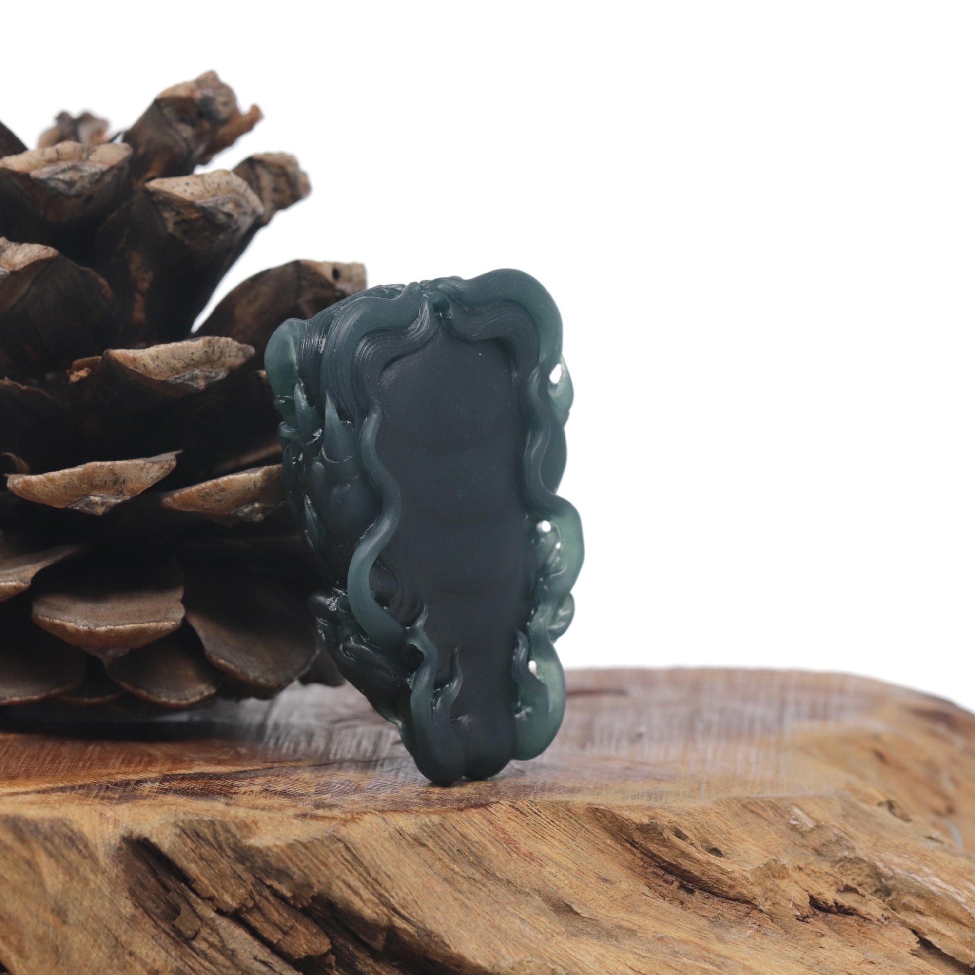 Baikalla Natural Guatemalan Deep Blue-Green Jade Dragon Carving Pendant