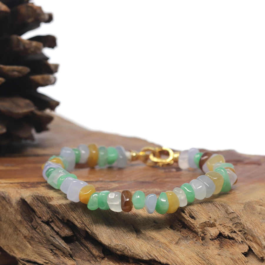 Baikalla Multi-Color Jadeite Jade Free-Form Bead Bracelet W/ CZ & Yellow Gold Plated Clasp (8.5mm)