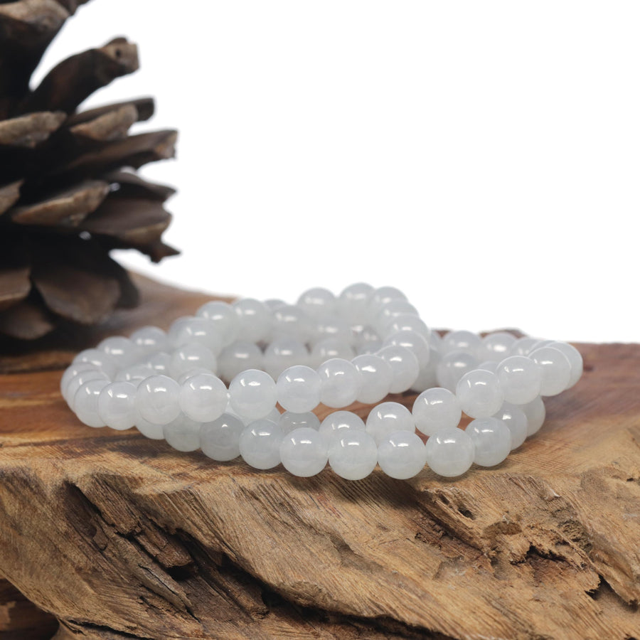 Baikalla Icy White Genuine Jadeite Jade Round Bead Bracelet (7.8mm)