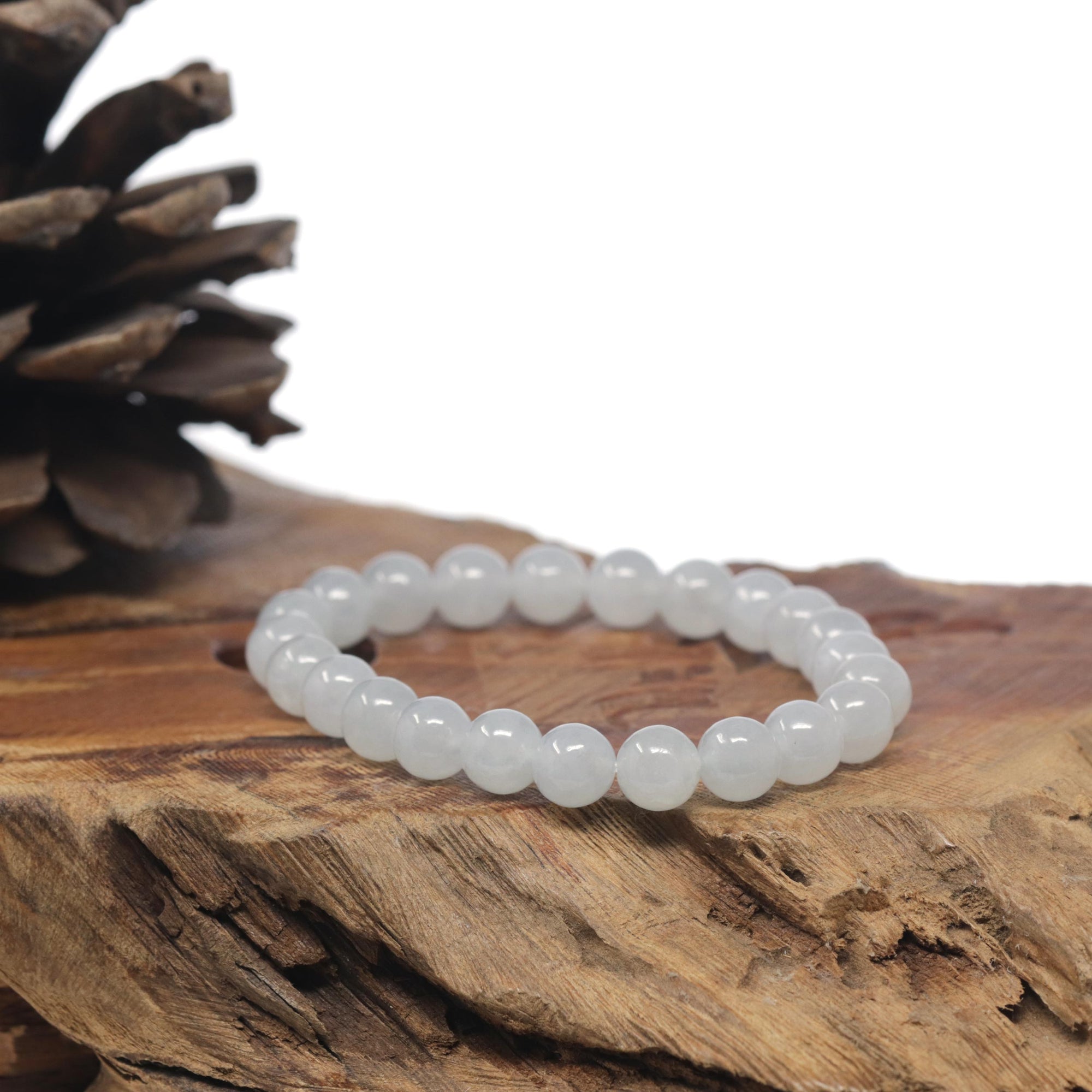 Baikalla Icy White Genuine Jadeite Jade Round Bead Bracelet (7.8mm)