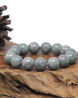 Baikalla Grey Wuji & Green Flower Genuine Jadeite Jade Large Round Bead Bracelet (13.3mm)