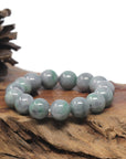 Baikalla Grey Wuji & Green Flower Genuine Jadeite Jade Large Round Bead Bracelet (13.3mm)