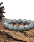 Baikalla Grey Wuji & Green Flower Genuine Jadeite Jade Large Round Bead Bracelet (13.3mm)