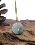 Baikalla "Ping An Kou" (Good Luck Button) White W/ Blue-Green Flower Patch Jadeite Jade Pendant Necklace