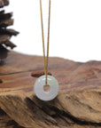 Baikalla "Ping An Kou" (Good Luck Button) Icy White W/ Light Yellow-Green Patch Jadeite Jade Pendant Necklace